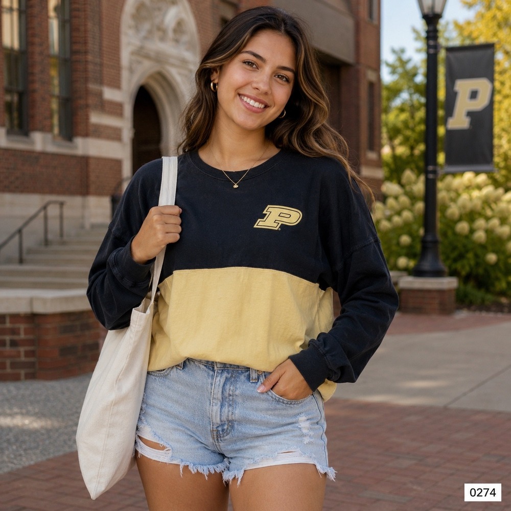 League Purdue University Black Gold Colorblock Long Sleeve Shirt Women M 0274